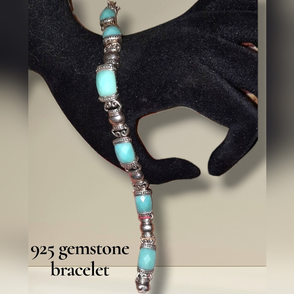 Signed 925 gemstone link bracelet with vintage safety clasp sterling